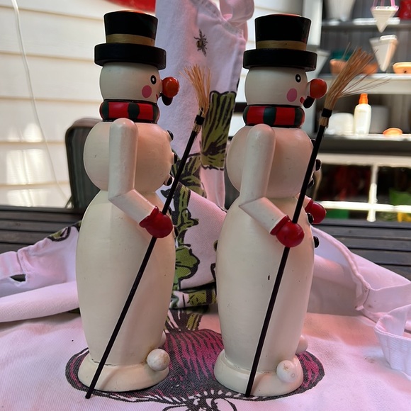 Christmas Candle Sticks Snowmen Painted Wood - Picture 2 of 13
